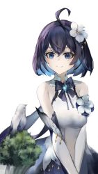 Rule 34 | 1girl, absurdres, ahoge, animal, bare shoulders, bird, black bow, black hair, black skirt, blue eyes, blue hair, bow, breasts, closed mouth, commentary request, elbow gloves, flower, gloves, hair between eyes, hair flower, hair ornament, highres, honkai (series), honkai impact 3rd, medium breasts, multicolored hair, seele (ffva7257), seele vollerei, seele vollerei (stygian nymph), simple background, skirt, smile, solo, two-tone hair, v arms, white background, white flower, white gloves