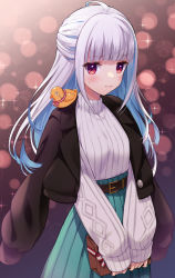 Rule 34 | 1girl, ahoge, backlighting, belt, belt buckle, black jacket, blue background, blue hair, blue skirt, blush, box, box of chocolates, buckle, chocolate, closed mouth, commentary request, cowboy shot, food, gradient background, highres, holding, holding chocolate, holding food, jacket, lize helesta, long hair, long skirt, long sleeves, looking at viewer, mitsuki meia, nijisanji, pleated skirt, pouty lips, red background, red eyes, rubber duck, sidelocks, skirt, sleeves past wrists, solo, sweat, valentine, virtual youtuber, white hair