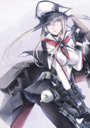 Rule 34 | 10s, 1girl, anchor symbol, black gloves, blonde hair, blue eyes, capelet, celtic knot, collared shirt, cross, futami kito, gloves, graf zeppelin (kancolle), hat, highres, iron cross, kantai collection, mecha musume, military, military uniform, necktie, pantyhose, peaked cap, pleated skirt, shirt, skirt, solo, twintails, uniform, white hat, white shirt