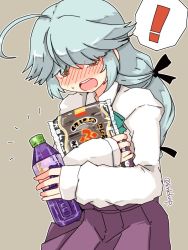 Rule 34 | 1girl, ahoge, black ribbon, blush, bottle, bow, bowtie, braid, brown eyes, commentary request, grey hair, hair over eyes, hair ribbon, hamanami (kancolle), kanoe soushi, kantai collection, long hair, long sleeves, one-hour drawing challenge, open mouth, ribbon, school uniform, shirt, single braid, snack, solo, white shirt