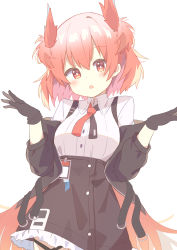 Rule 34 | 1girl, :o, absurdres, arknights, black gloves, black jacket, black skirt, blush, breasts, collared shirt, dress shirt, fiammetta (arknights), frilled skirt, frills, gloves, hair between eyes, hands up, head tilt, highres, jacket, looking at viewer, medium breasts, multicolored hair, off shoulder, open clothes, open jacket, parted lips, red eyes, red hair, ryoku sui, shirt, simple background, skirt, solo, two-tone hair, white background, white shirt