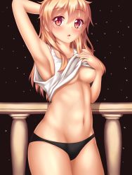 Rule 34 | 1girl, :o, arm behind head, armpits, bare arms, black panties, blonde hair, blush, breasts, clothes lift, collarbone, colored eyelashes, cowboy shot, groin, highres, long hair, looking at viewer, medium breasts, navel, night, no bra, nottytiffy, open mouth, original, panties, red eyes, shirt lift, sky, slit pupils, solo, standing, star (sky), starry sky, stomach, tank top, thighs, tiffy (nottytiffy), underboob, underwear, underwear only