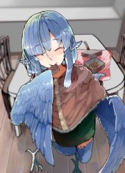 Rule 34 | 1girl, animal ears, bird ears, bird legs, bird wings, blue feathers, blue hair, blue wings, blush, brown capelet, candy, capelet, chair, chocolate, chocolate heart, closed eyes, commentary request, feather hair, feathered wings, feathers, food, green skirt, harpy, heart, highres, long hair, miura (rnd.jpg), monster girl, mouth hold, original, rnd.jpg (artist), skirt, smile, solo, table, talons, valentine, winged arms, wings