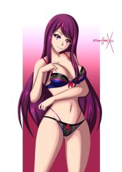 Rule 34 | 1girl, black panties, bra, breasts, cleavage, female focus, fire emblem, fire emblem engage, gluteal fold, highres, ivy (fire emblem), lingerie, long hair, looking at viewer, matching hair/eyes, medium breasts, mole, mole under mouth, multi-strapped panties, nintendo, panties, parted lips, purple eyes, purple hair, smile, solo, sonicheroxd, standing, twitter username, underwear, underwear only