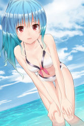 Rule 34 | 1girl, alcohol (coldfront), alternate hairstyle, bad id, bad pixiv id, bikini, blue hair, breasts, cleavage, cloud, coldfront, day, female focus, hands on own knees, highres, hinanawi tenshi, leaning forward, looking at viewer, medium breasts, ocean, outdoors, ponytail, red eyes, solo, standing, swimsuit, touhou, water, white bikini