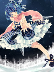 Rule 34 | 1girl, adapted costume, blue dress, blue eyes, blue hair, bow, checkered clothes, checkered dress, cirno, dress, forest, frills, hair bow, long sleeves, looking at viewer, matching hair/eyes, morinaga kobato, nature, night, open mouth, outstretched arm, outstretched hand, petticoat, scarf, shirt, short hair, sky, smile, solo, star (sky), starry sky, touhou, wings, winter
