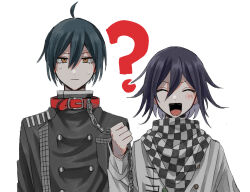 Rule 34 | 2boys, :d, ?, ahoge, animal collar, black hair, breast pocket, buttons, chain, chain leash, checkered clothes, checkered scarf, closed eyes, collar, danganronpa (series), danganronpa v3: killing harmony, double-breasted, facing viewer, flipped hair, kasou (roomno404 ), leash, long sleeves, looking at viewer, male focus, multiple boys, oma kokichi, open mouth, orange eyes, pocket, saihara shuichi, scarf, short hair, simple background, smile, sweat, upper body, white background