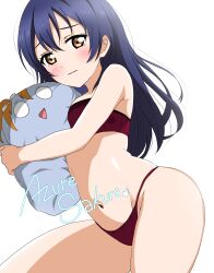 Rule 34 | 1girl, absurdres, artist name, azuresakura, blue hair, blush, bra, breasts, commentary request, hair between eyes, highres, hugging object, long hair, looking at viewer, love live!, love live! school idol project, navel, panties, pillow, pillow hug, red bra, red panties, simple background, small breasts, solo, sonoda umi, stomach, underwear, underwear only, wavy hair, white background, yellow eyes