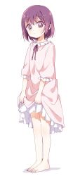 Rule 34 | 1girl, barefoot, blush, clothes lift, dress, dress lift, full body, highres, looking at viewer, namori, nightgown, original, purple eyes, purple hair, short hair, simple background, solo, standing, white background