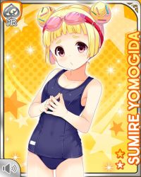 Rule 34 | 1girl, :o, blonde hair, card (medium), character name, competition swimsuit, covered navel, double bun, girlfriend (kari), goggles, looking at viewer, one-piece swimsuit, open mouth, purple eyes, qp:flapper, solo, swimsuit, yellow background, yomogida sumire