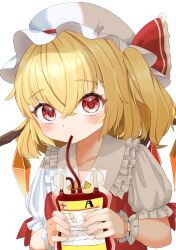 Rule 34 | 1girl, blonde hair, blood, blood bag, blush, breasts, collarbone, collared shirt, crystal, drinking, flandre scarlet, frilled shirt collar, frills, hair between eyes, hat, hat ribbon, highres, holding, looking at viewer, medium hair, mob cap, multicolored wings, neko atelier, one side up, puffy short sleeves, puffy sleeves, red eyes, red ribbon, red vest, ribbon, shirt, short sleeves, simple background, small breasts, solo, touhou, upper body, vest, white background, white hat, white shirt, wings, wrist cuffs
