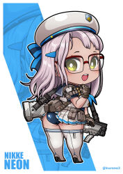 Rule 34 | 1girl, :d, ammunition, ammunition belt, ass, belt pouch, beret, blue neckerchief, blue sailor collar, blush, boots, brown gloves, bullpup, character name, chibi, commentary request, double-barreled shotgun, from behind, full body, glasses, gloves, goddess of victory: nikke, green eyes, gun, hair ornament, hairclip, hand up, hat, high heel boots, high heels, kel-tec ksg, kurono, long hair, looking at viewer, multiple-barrel firearm, neckerchief, neon (nikke), one-piece swimsuit, open mouth, over-rim eyewear, partial commentary, pleated skirt, pouch, pump-action shotgun, pump action, sailor collar, semi-rimless eyewear, shirt, short sleeves, shotgun, shotgun shell, side-by-side-barreled shotgun, sidelocks, skindentation, skirt, smile, solo, standard manufacturing dp-12, standing, swimsuit, teeth, thigh boots, twitter username, upper teeth only, upskirt, weapon, white background, white footwear, white hair, white hat, white shirt, white skirt, zoom layer