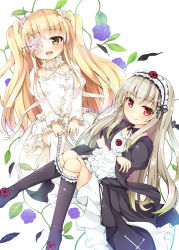 Rule 34 | 2girls, :d, alternate hair color, asa (swallowtail), black feathers, black footwear, blonde hair, blush, boots, brown hair, choker, closed mouth, cross-laced footwear, crossed arms, dress, feathers, floral background, flower, flower eyepatch, frilled boots, frilled choker, frilled sleeves, frills, hair flower, hair ornament, hairband, hands on own knees, kirakishou, knee boots, knees together feet apart, lolita fashion, lolita hairband, long hair, long sleeves, multiple girls, open mouth, pink flower, pink rose, red eyes, red flower, red rose, rose, rozen maiden, sitting, smile, suigintou, thigh boots, thighhighs, two side up, very long hair, white background, white dress, white footwear, yellow eyes