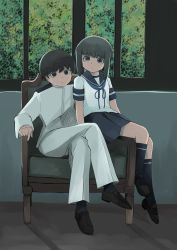 Rule 34 | 1boy, 1girl, admiral (kancolle), black eyes, black hair, blue sailor collar, blue skirt, commentary request, couch, fubuki (kancolle), full body, highres, kantai collection, long hair, low ponytail, military, military uniform, naval uniform, pleated skirt, ponytail, sailor collar, school uniform, serafuku, short ponytail, sidelocks, sitting, skirt, toplow, uniform, window