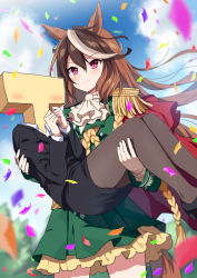 Rule 34 | 2girls, animal ears, ascot, black footwear, black jacket, black pantyhose, blush, brown hair, buttons, cape, carrying, closed mouth, confetti, double-breasted, dress, epaulettes, female trainer (umamusume), gloves, green dress, hair between eyes, high heels, horse ears, horse girl, horse tail, jacket, mauve, medal, military, military uniform, multicolored hair, multiple girls, outdoors, pantyhose, pencil skirt, princess carry, purple eyes, red cape, single epaulette, skirt, smile, streaked hair, symboli rudolf (umamusume), t-head trainer, tail, trainer (umamusume), umamusume, uniform, white ascot, white gloves, yuri