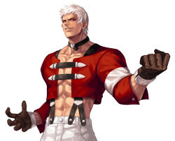 Rule 34 | 1boy, abs, black choker, brown gloves, choker, clenched hand, collarbone, commentary request, cowboy shot, cropped jacket, earrings, evilgun, gloves, heart, heart choker, highres, jacket, jewelry, looking at viewer, male focus, muscular, muscular male, nanakase yashiro, navel, pants, pectorals, red eyes, red jacket, short hair, sidepec, simple background, smile, solo, standing, suspenders, the king of fighters, the king of fighters &#039;97, veins, white background, white hair, white pants