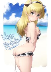 Rule 34 | 1girl, anal tail, animal ears, animal print, ass, beach, bikini, blonde hair, blush, breasts, butt crack, carpaccio (girls und panzer), closed mouth, covered erect nipples, cow ears, cow horns, cow print, cow tail, dated, fake animal ears, fake horns, fake tail, girls und panzer, green eyes, happy birthday, highres, horns, kuzuryuu kennosuke, long hair, looking at viewer, looking back, outdoors, sky, small breasts, smile, solo, swimsuit, tail