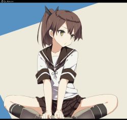 Rule 34 | 10s, 1girl, black socks, brown eyes, brown hair, brown skirt, butterfly sitting, hair ribbon, heavens thunder (byakuya-part2), indian style, kantai collection, kneehighs, letterboxed, long hair, looking to the side, pleated skirt, ponytail, pout, ribbon, school uniform, serafuku, shikinami (kancolle), shoes, short sleeves, sitting, skirt, socks, solo, twitter username, v arms