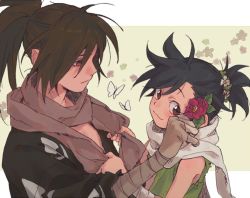 Rule 34 | 1boy, 1girl, androgynous, animal, bandaged arm, bandages, black hair, black kimono, blush, brown eyes, brown hair, brown scarf, bug, butterfly, closed mouth, dororo (character), dororo (tezuka), edmhhhnh, fingernails, flower, green flower, hair flower, hair ornament, hyakkimaru (dororo), insect, japanese clothes, kimono, long hair, medium hair, ponytail, red eyes, red flower, scarf, smile, torn clothes, upper body, white butterfly, white flower, white scarf