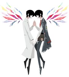 Rule 34 | 2boys, black coat, black hair, black pants, closed mouth, coat, commentary, dual persona, e.g.o (project moon), floating, highres, lab coat, limbus company, multiple boys, no 710, pants, project moon, sang yi (project moon), simple background, smile, white background, white coat, wings, yi sang (project moon)
