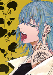 Rule 34 | 1boy, absurdres, arm tattoo, black shirt, blue eyes, blue hair, ear piercing, earrings, from side, half-closed eyes, highres, ivy, jewelry, jujutsu kaisen, kashimo hajime, lightning bolt symbol, looking down, neck tattoo, open mouth, piercing, profile, shirt, simple background, single off shoulder, solo, tattoo, teeth, tongue, tongue out, tongue piercing, tsuji ko00, twintails, upper teeth only