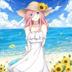 Rule 34 | 1girl, bare shoulders, beach, blue eyes, blue sky, blush, breasts, brown hat, choker, closed mouth, cloud, cloudy sky, collarbone, commentary, day, dress, english commentary, eyes visible through hair, flower, go-toubun no hanayome, hair between eyes, hat, hat flower, head tilt, horizon, lifebuoy, long hair, medium breasts, nakano miku, ocean, outdoors, pink hair, rocm (nkkf3785), sand, sky, sleeveless, sleeveless dress, smile, solo, standing, straw hat, sunflower, swim ring, water, white choker, white dress, yellow flower