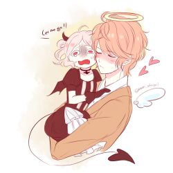 Rule 34 | 10s, 1boy, 1girl, age difference, aged down, alternate hairstyle, angel, angel wings, bat wings, blonde hair, blush, cardigan, carrying, child, closed eyes, closed mouth, crossed arms, crying, demon girl, diabolik lovers, english text, fang, from side, gloves, gothic lolita, gradient background, halo, hand on another&#039;s chest, horns, komori yui, lolita fashion, manmosu, open mouth, petite, rejet, sakamaki shuu, size difference, tail, text focus, twintails, twitter username, upper body, white background, wings