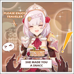 Rule 34 | &gt; &lt;, 1koma, 3d background, ^ ^, ^o^, aether (genshin impact), ascot, black gloves, blurry, braid, closed eyes, comic, depth of field, detached sleeves, english text, flower, food, gauntlets, genshin impact, gloves, grey hair, hafuku, hair flower, hair ornament, highres, maid, maid headdress, noelle (genshin impact), out of frame, pancake, pov, red flower, red rose, rose, single braid, speech bubble, spoken expression