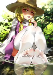 Rule 34 | 1girl, absurdres, blonde hair, blush, chen bin, eyebrows, feet, foot focus, hat, highres, licking, licking finger, looking at viewer, moriya suwako, naughty face, no shoes, saliva, see-through, sitting, soles, solo, thighhighs, toes, touhou, twintails, water, white thighhighs, yellow eyes