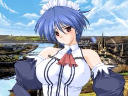 Rule 34 | 1girl, blue hair, blush, breasts, brown eyes, covered erect nipples, detached sleeves, huge breasts, landscape, maid, non-web source, red eyes, scenery, short hair, solo, source request