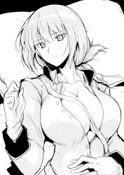 Rule 34 | 1girl, breasts, cleavage, commentary, covered erect nipples, fate/grand order, fate (series), florence nightingale (fate), folded ponytail, gloves, greyscale, hair between eyes, halcon, hand on own stomach, hand up, highres, jacket, large breasts, long hair, looking at viewer, lying, monochrome, no bra, on back, open clothes, open jacket, partially unbuttoned, pillow, sidelocks, smile, solo, upper body