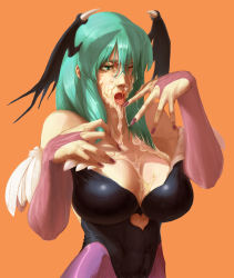 Rule 34 | 1girl, aftersex, bad id, bad pixiv id, breasts, capcom, cleavage, cleavage cutout, clothing cutout, corset, cum, cum in mouth, cum on body, cum on breasts, cum on hair, cum on tongue, cum on upper body, cum string, cumdrip, demon girl, elbow gloves, facial, fingernails, fucked silly, gloves, green eyes, green hair, head wings, heart, heart cutout, huge breasts, kurohachi, lips, lipstick, long fingernails, long hair, makeup, matching hair/eyes, morrigan aensland, nail polish, one eye closed, open mouth, pantyhose, purple nails, red lips, simple background, solo, spandex, tongue, vampire (game), wings, wink