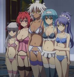 Rule 34 | 10s, 5girls, age difference, ahoge, blue bra, blue hair, blue panties, blunt bangs, blurry, blush, blush stickers, bow, bow bra, bow panties, bra, braid, breasts, camisole, cleavage, cowboy shot, dark-skinned female, dark skin, demon girl, depth of field, expressionless, flipped hair, frilled bra, frilled panties, frills, frown, garter belt, garter straps, groin, hair between eyes, hair intakes, hair ornament, hair ribbon, hairband, high ponytail, highleg, highleg panties, highres, holding, holding own arm, horns, indoors, jpeg artifacts, lace, lace-trimmed legwear, lace trim, large breasts, light smile, lineup, lingerie, looking to the side, medium breasts, microskirt, miniskirt, multiple girls, naruse maria, naruse mio, navel, nonaka kurumi, nonaka yuki, panties, parted lips, pink eyes, pink panties, pleated skirt, ponytail, purple bra, purple eyes, purple panties, raised eyebrows, red hair, ribbon, screencap, shinmai maou no testament, side braid, sideboob, sidelocks, skirt, small breasts, smile, standing, stitched, string panties, thighhighs, third-party edit, training bra, two side up, underwear, underwear only, white bra, white hair, white panties, yellow eyes, zest