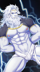Rule 34 | 1boy, abs, absurdres, arms behind back, bara, bare pectorals, beard, blue sclera, bulge, colored sclera, facial hair, fate/grand order, fate (series), feet out of frame, hair intakes, highres, large pectorals, lightning, loincloth, long hair, looking at viewer, male focus, male pubic hair, mature male, minghecanyue, muscular, muscular male, navel, navel hair, nipples, old, old man, pale skin, pectorals, penis, penis peek, pubic hair, shrug (clothing), solo, spread legs, stomach, thick thighs, thighs, very long hair, white hair, zeus (fate)