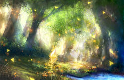 Rule 34 | 1girl, bush, capelet, crystal, dappled sunlight, dress, forest, grass, light particles, long hair, nature, original, pond, ponytail, sakimori (hououbds), scenery, solo, standing, sunlight, tree, very long hair, water, wind