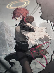 Rule 34 | 1girl, arknights, asa ni haru, black gloves, black pantyhose, black thighhighs, building, commentary request, day, exusiai (arknights), feet out of frame, fingerless gloves, gloves, gun, halo, highres, holding, holding gun, holding weapon, jacket, long sleeves, looking at viewer, looking to the side, orange eyes, outdoors, pantyhose, pointing gun, rain, red hair, short hair, skirt, solo, standing, thighhighs, weapon, white jacket