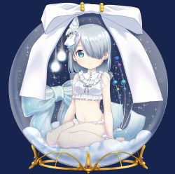 Rule 34 | 1girl, arms at sides, barefoot, beads, blue background, blue eyes, bow, closed mouth, flat chest, frills, fuu (07199382), glowing, grey bow, grey hair, hair over one eye, hair ribbon, in container, light, light particles, lingerie, looking at viewer, midriff, navel, one eye covered, original, panties, ribbon, see-through, short hair, simple background, sitting, snow, snow globe, solo, sparkle, stomach, transparent, underwear, wariza, white panties, white ribbon
