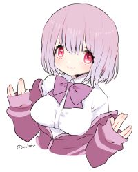 Rule 34 | 1girl, bow, bowtie, breasts, commentary request, cropped torso, gridman universe, large breasts, looking at viewer, maitou, off shoulder, purple hair, red eyes, shinjou akane, short hair, simple background, smile, solo, ssss.gridman, twitter username, white background