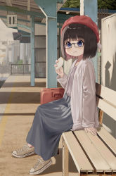 Rule 34 | 1girl, beanie, black-framed eyewear, black hair, blush, brown footwear, commentary request, day, eating, food, glasses, grey shirt, grey skirt, hat, highres, holding, holding food, jacket, mimikaki (men bow), multicolored hair, on bench, open clothes, open jacket, original, outdoors, pink hair, red hat, shirt, shoes, short hair, sitting, skirt, solo, suitcase, train station, train station platform, two-tone hair, white jacket