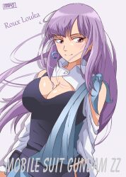 Rule 34 | 1girl, artist name, bare shoulders, blue tank top, blush, breasts, character name, cleavage, copyright name, earrings, efsfksx666s, gradient background, gundam, gundam zz, highres, jewelry, long hair, looking at viewer, medium breasts, pantyhose, purple eyes, purple hair, roux louka, smile, solo, tank top, upper body, white background