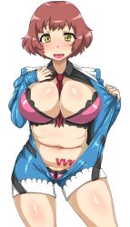 Rule 34 | 10s, 1girl, blush, bra, breasts, highres, kakumeiki valvrave, kitsune-tsuki (getter), large breasts, looking at viewer, nanami rion, open clothes, open mouth, panties, pink bra, pink panties, plump, short hair, smile, solo, tattoo, underwear, white background, yellow eyes