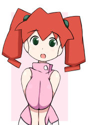Rule 34 | 1girl, alternate breast size, artist request, bare shoulders, blouse, blush, breast press, breasts, breasts between arms, breasts squeezed together, green eyes, hair bobbles, hair ornament, highres, huge breasts, junmai karin, long hair, looking at viewer, medarot, open mouth, oppai loli, pink shirt, red hair, shiny skin, shirt, simple background, solo, twintails