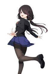 Rule 34 | 1girl, :d, absurdres, black hair, black jacket, black pantyhose, blazer, blue skirt, date a live, dyantocialong, floating hair, hair over one eye, highres, jacket, long hair, long sleeves, low twintails, open hands, open mouth, pantyhose, pleated skirt, raizen high school uniform, red eyes, school uniform, shoes, simple background, skirt, smile, soles, solo, standing, standing on one leg, tokisaki kurumi, twintails, white background