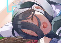 Rule 34 | 1girl, absurdres, aris (blue archive), black hair, blue archive, blush, closed eyes, controller, game controller, hair between eyes, halo, highres, jacket, joy-con, long hair, long hair between eyes, nintendo switch, open mouth, rectangular halo, rindou ringdong, sleeping, solo, teeth