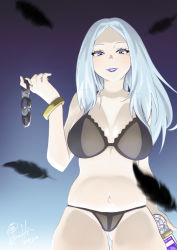 Rule 34 | 1girl, 2020, bare shoulders, black bra, black feathers, black panties, blue background, blue eyes, blue hair, blue lips, bra, bracelet, breasts, cellphone, commentary request, dated, feathers, gluteal fold, gradient background, higashi no eden, highres, hori shin, jewelry, kuroha diana shiratori, large breasts, lipstick, long hair, looking at viewer, makeup, navel, panties, phone, signature, smile, solo, underwear