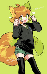 Rule 34 | 1girl, animal ears, black shirt, black thighhighs, brown hair, dated, fox ears, fox girl, fox tail, green background, green eyes, green shorts, hands up, heart, highres, long sleeves, looking at viewer, medium hair, open mouth, ruoshui (the legend of luoxiaohei), shirt, shorts, simple background, smile, solo, tail, luo xiaohei zhanji, thighhighs, twitter username, vox