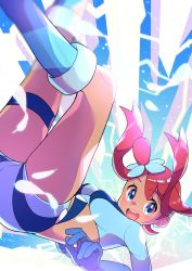 Rule 34 | 1girl, absurdres, blue eyes, blue footwear, blue gloves, blue shorts, blush, boots, breasts, commentary, creatures (company), crop top, eyelashes, feathers, floating hair, game freak, gloves, gym leader, hair ornament, highres, knees, looking at viewer, nintendo, open mouth, pokemon, pokemon bw, pon yui, red hair, short shorts, shorts, sidelocks, skyla (pokemon), smile, solo, teeth, thighs, tongue