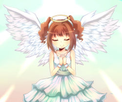 Rule 34 | 1girl, brown hair, closed eyes, gagaga, halo, idolmaster, idolmaster (classic), own hands clasped, own hands together, short hair, smile, solo, takatsuki yayoi, white wings, wings