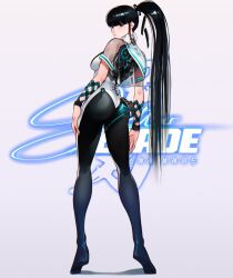 Rule 34 | 1girl, alternate color, ass, black hair, blunt bangs, bodysuit, breasts, brown eyes, cesar art456, commentary, copyright name, english commentary, eve (stellar blade), from behind, full body, green bodysuit, high ponytail, highres, long hair, long legs, looking at viewer, looking back, medium breasts, multicolored bodysuit, multicolored clothes, planet diving suit (6th) (stellar blade), simple background, skin tight, solo, standing, stellar blade, tiptoes, very long hair, white background, white bodysuit