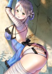 Rule 34 | 1girl, against wall, ass, back, bandages, blush, braid, breasts, butt crack, flower, green eyes, hair flower, hair ornament, highres, huge ass, kaine (nier), large breasts, licking lips, looking at viewer, looking back, nier, nier (series), silver hair, smile, solo, takapin, thick thighs, thighs, tongue, tongue out